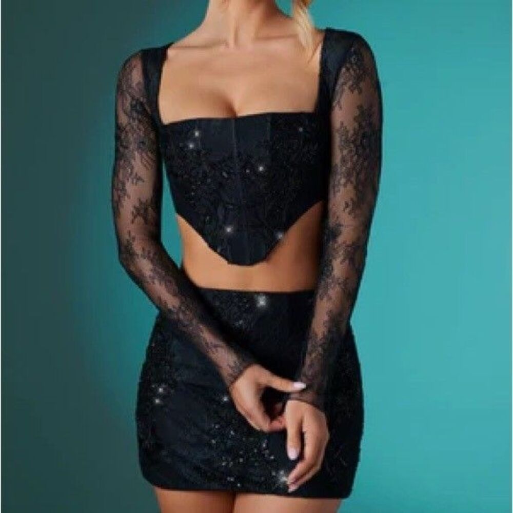 Oh Polly Black Embellished Corset Top Size 2 Lace Long Sleeves Tie Back